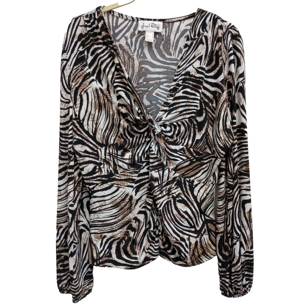 VTG Y2K Joseph Ribcoff Womens Top Size 16 Brown White Zebra Print Long Sleeve